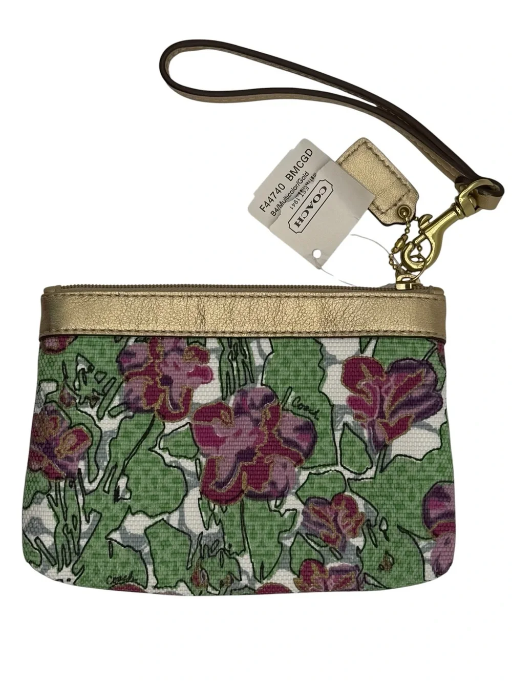Coach Floral Wristlet in Green, Purple & Gold Trim